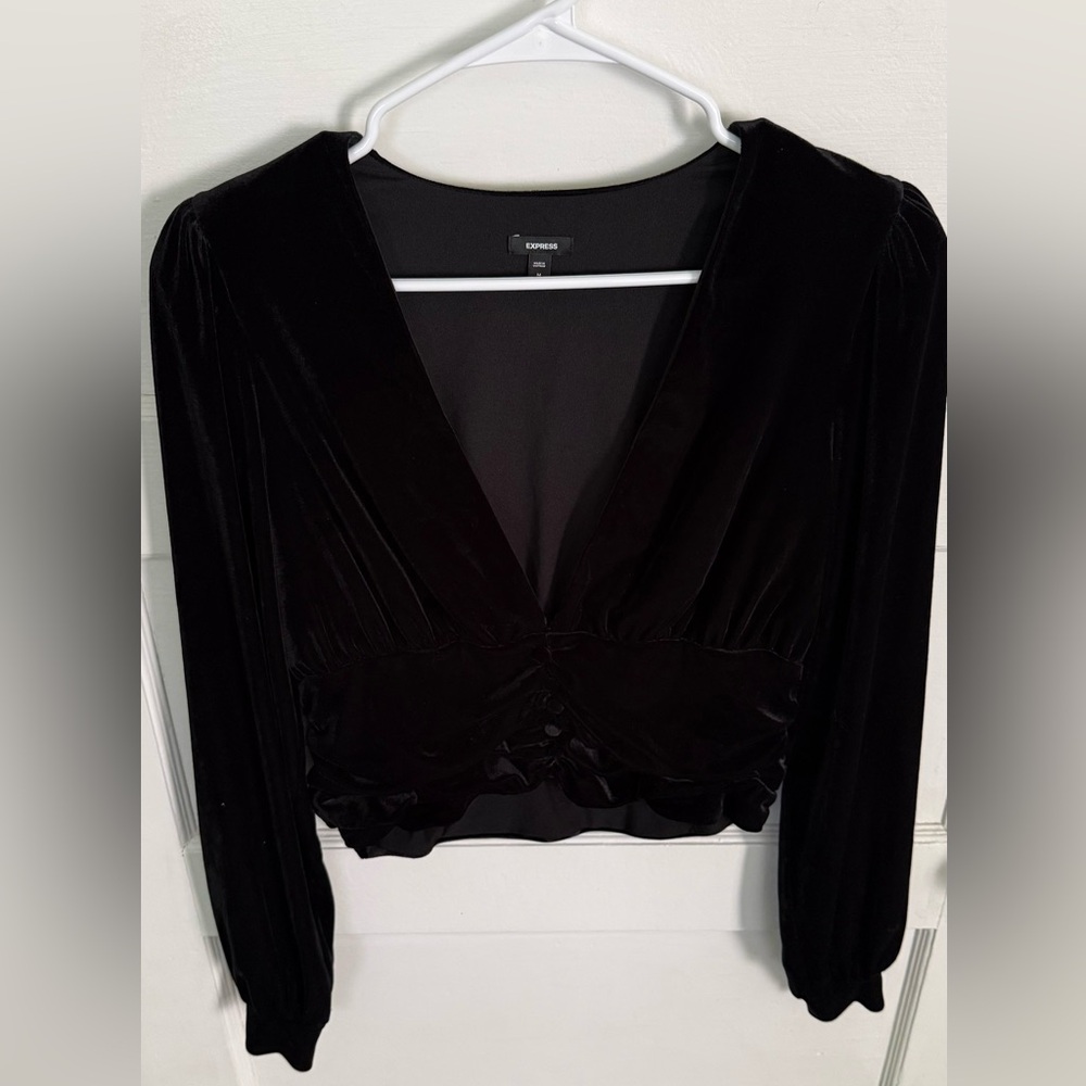 Express Women's Black Deep-V Neck Velvet Blouse